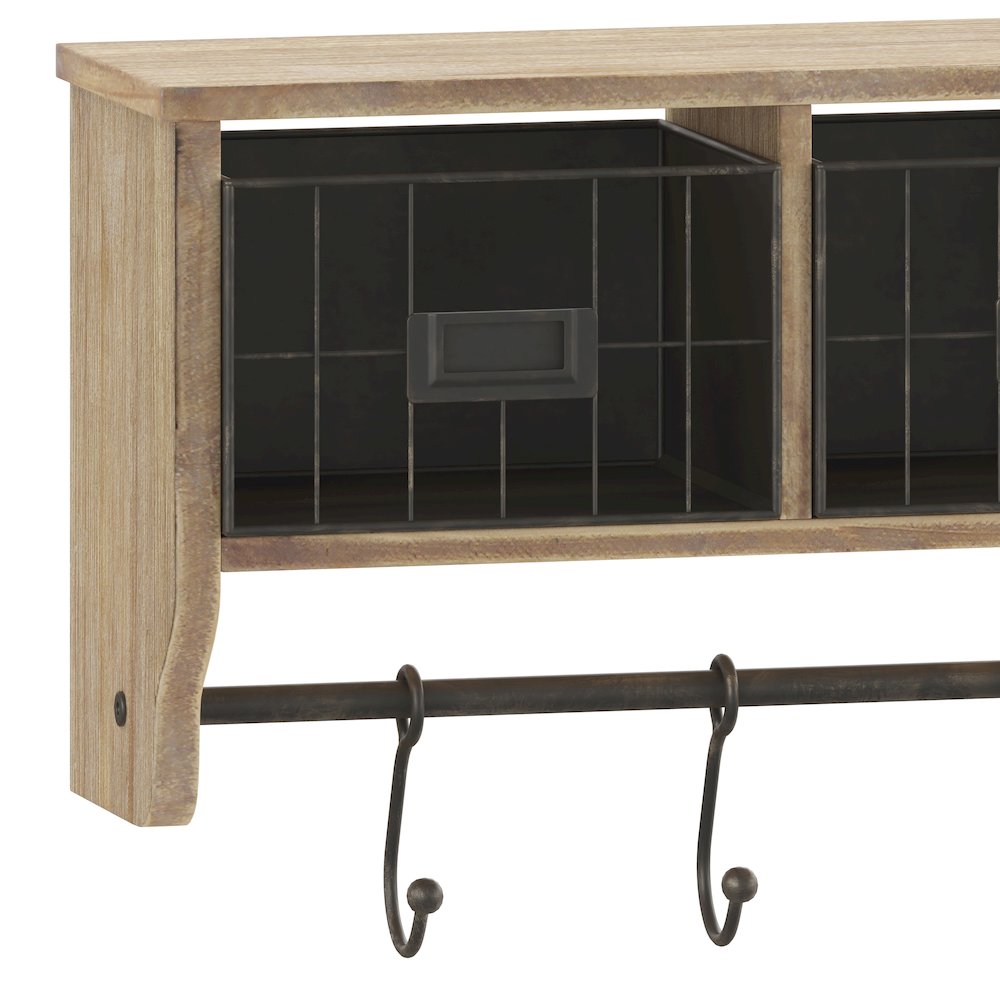 Wall Mounted 24 in Solid Pine Wood Storage Rack with Upper Shelf in Brown. Picture 9