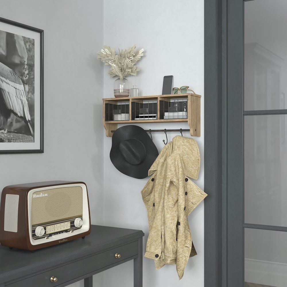 Wall Mounted 24 in Solid Pine Wood Storage Rack with Upper Shelf in Brown. Picture 2