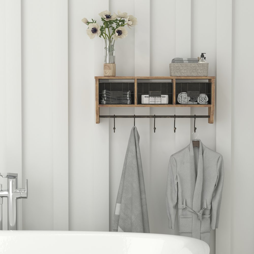 Wall Mounted 24 in Solid Pine Wood Storage Rack with Upper Shelf in Brown. Picture 6
