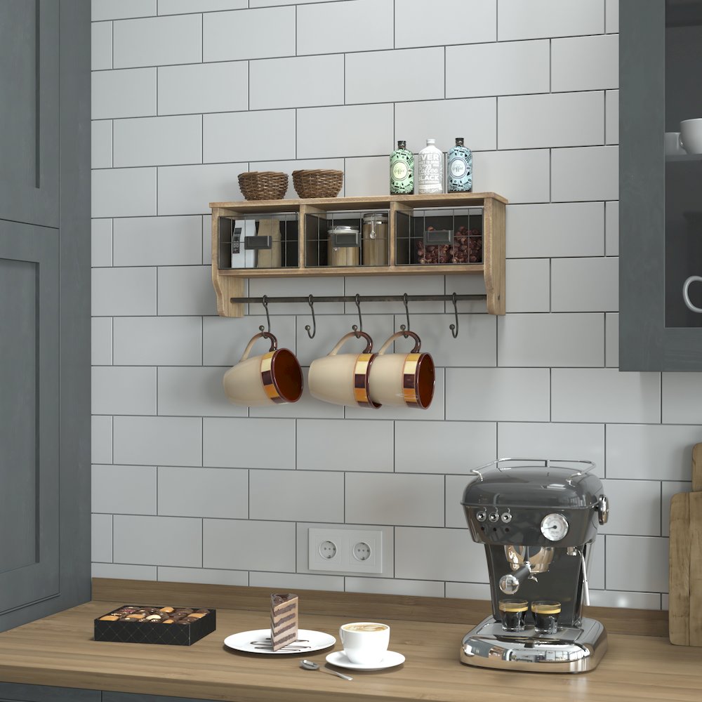 Wall Mounted 24 in Solid Pine Wood Storage Rack with Upper Shelf in Brown. Picture 7