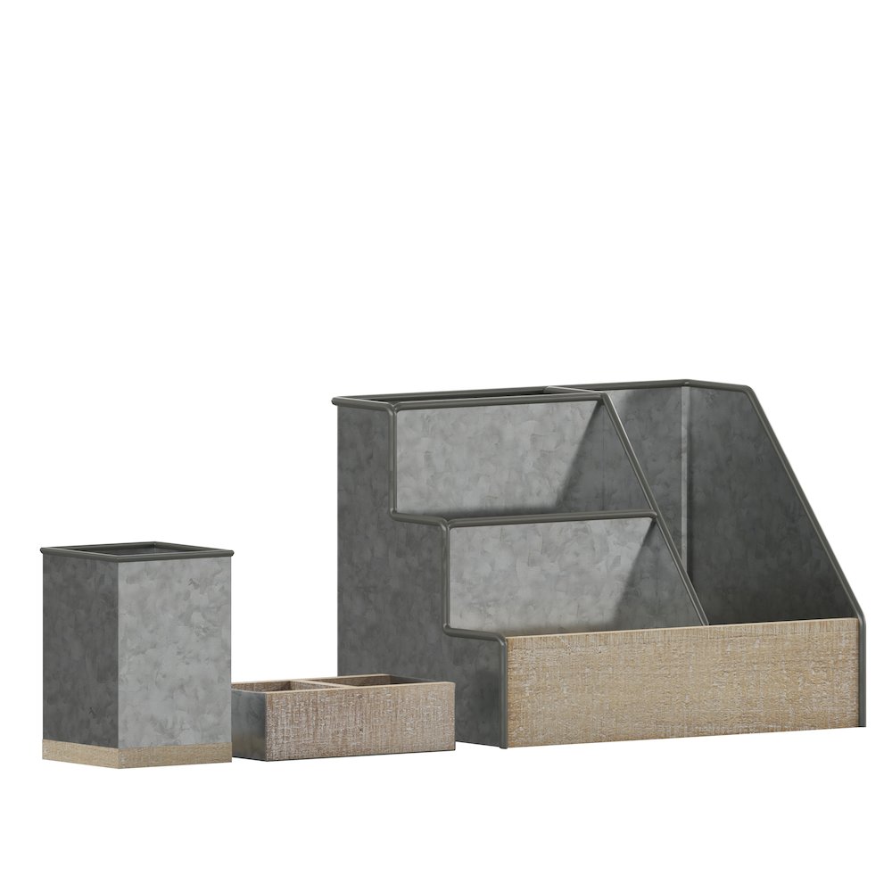 3 Piece Galvanized Finish Metal and Wood Organizer Set. Picture 1