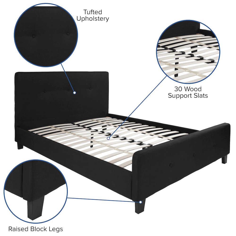 Queen Size Tufted Upholstered Platform Bed in Black Fabric. Picture 4