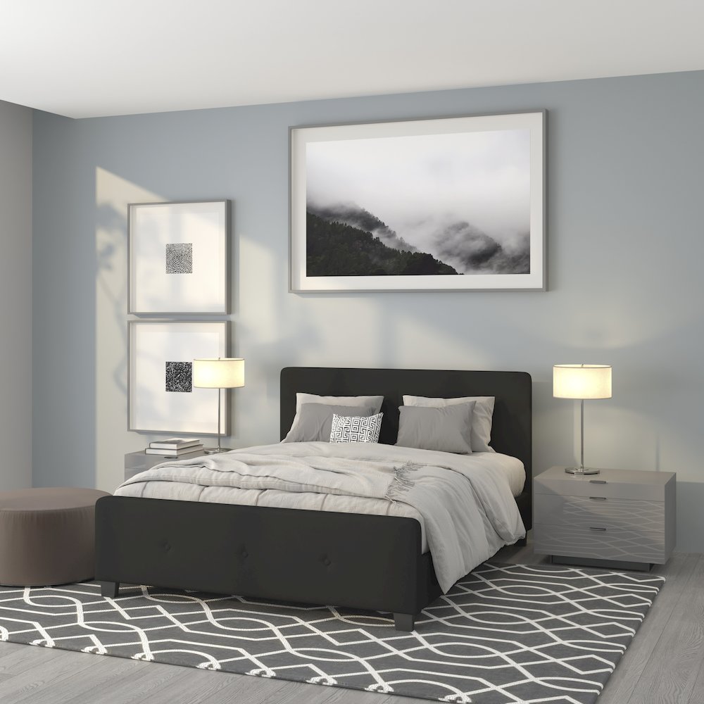 Queen Size Tufted Upholstered Platform Bed in Black Fabric. Picture 2