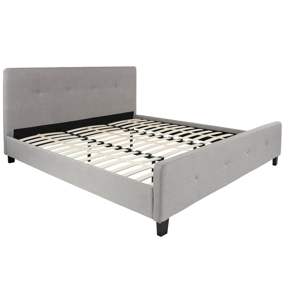 King Size Four Button Tufted Upholstered Platform Bed in Light Gray Fabric. Picture 1