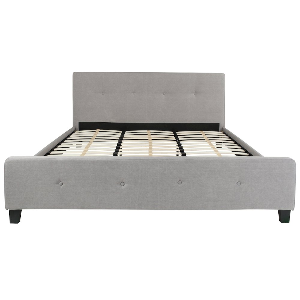 King Size Four Button Tufted Upholstered Platform Bed in Light Gray Fabric. Picture 3