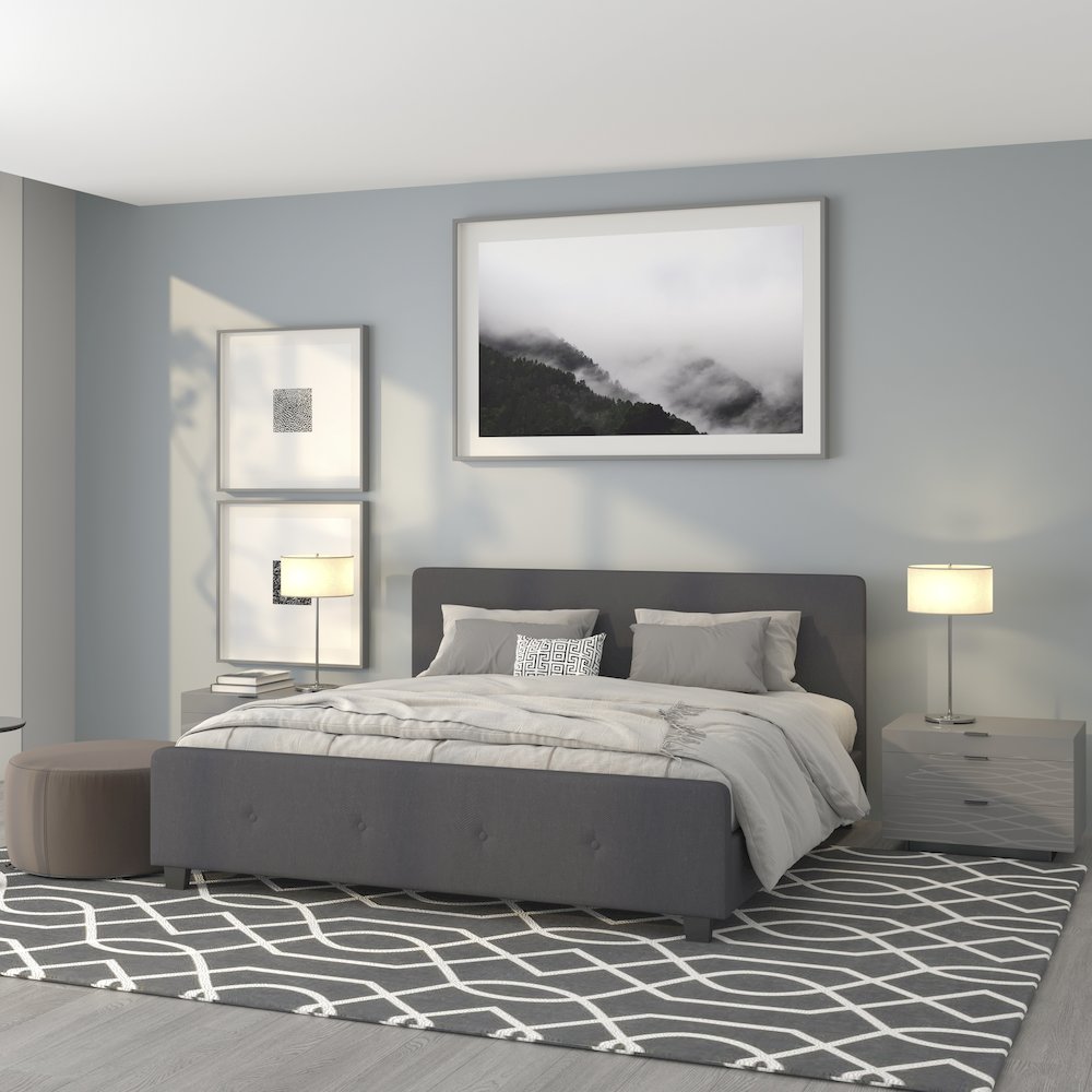 King Size Tufted Upholstered Platform Bed in Dark Gray Fabric. Picture 2
