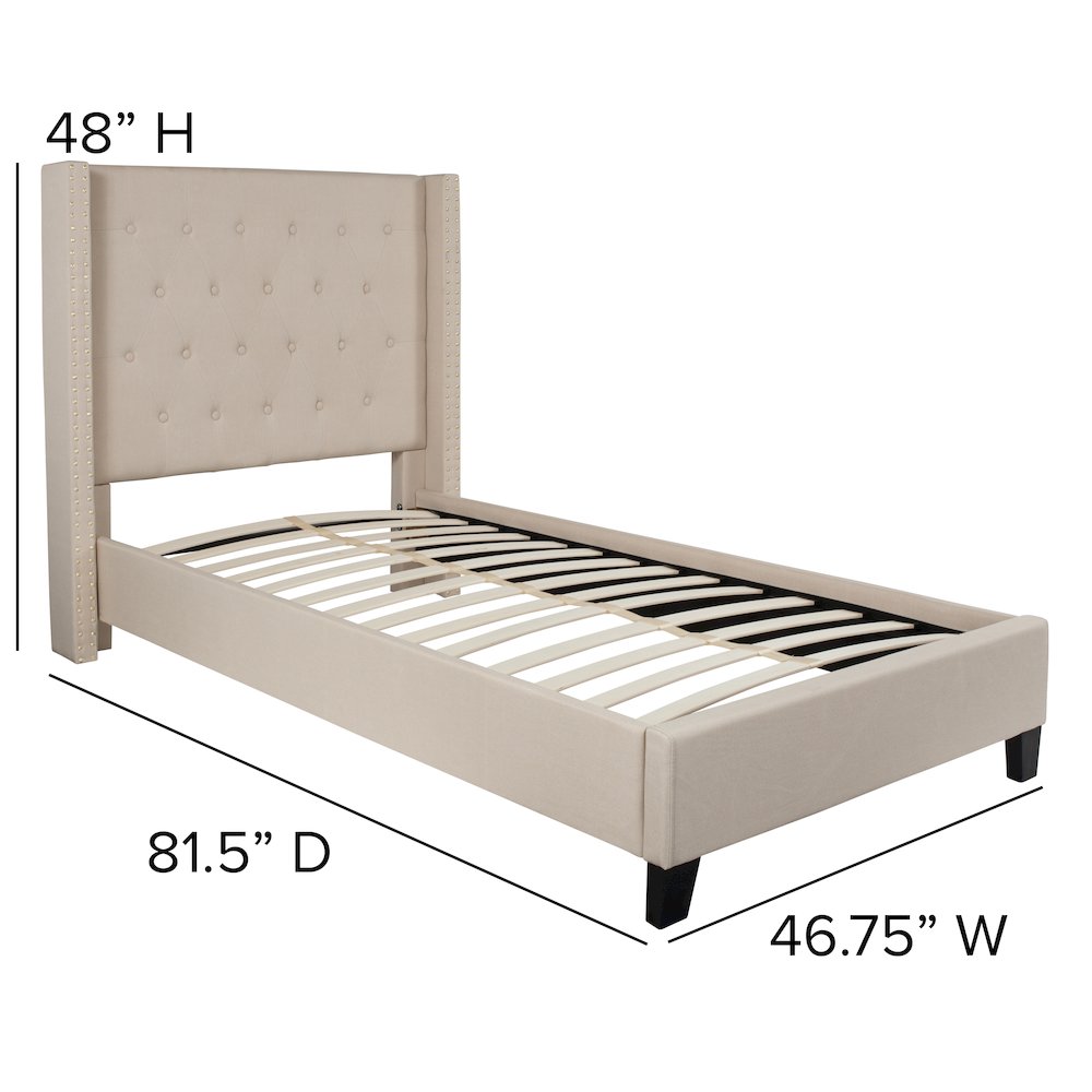 Twin Size Tufted Upholstered Platform Bed in Beige Fabric. Picture 4