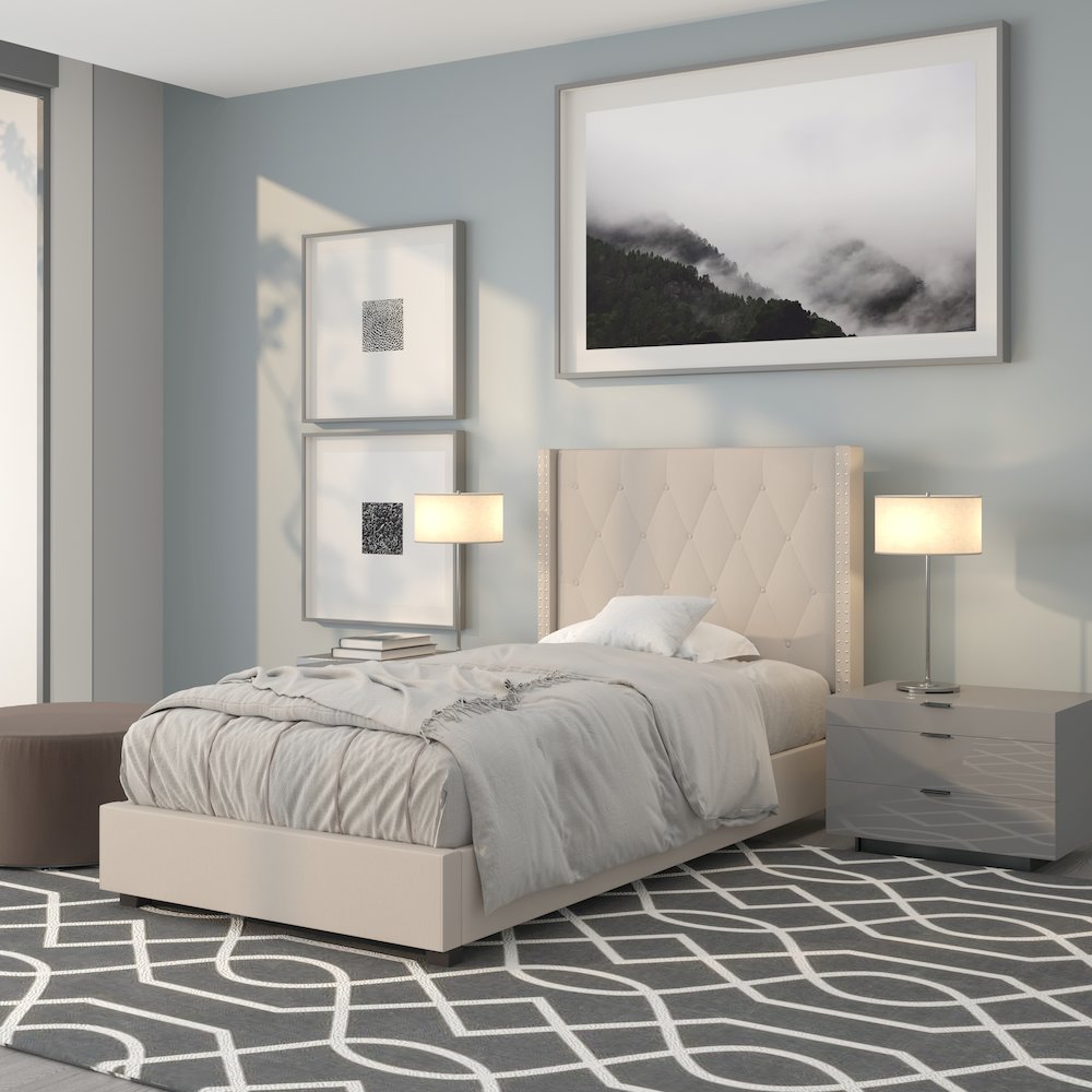 Twin Size Tufted Upholstered Platform Bed in Beige Fabric. Picture 2