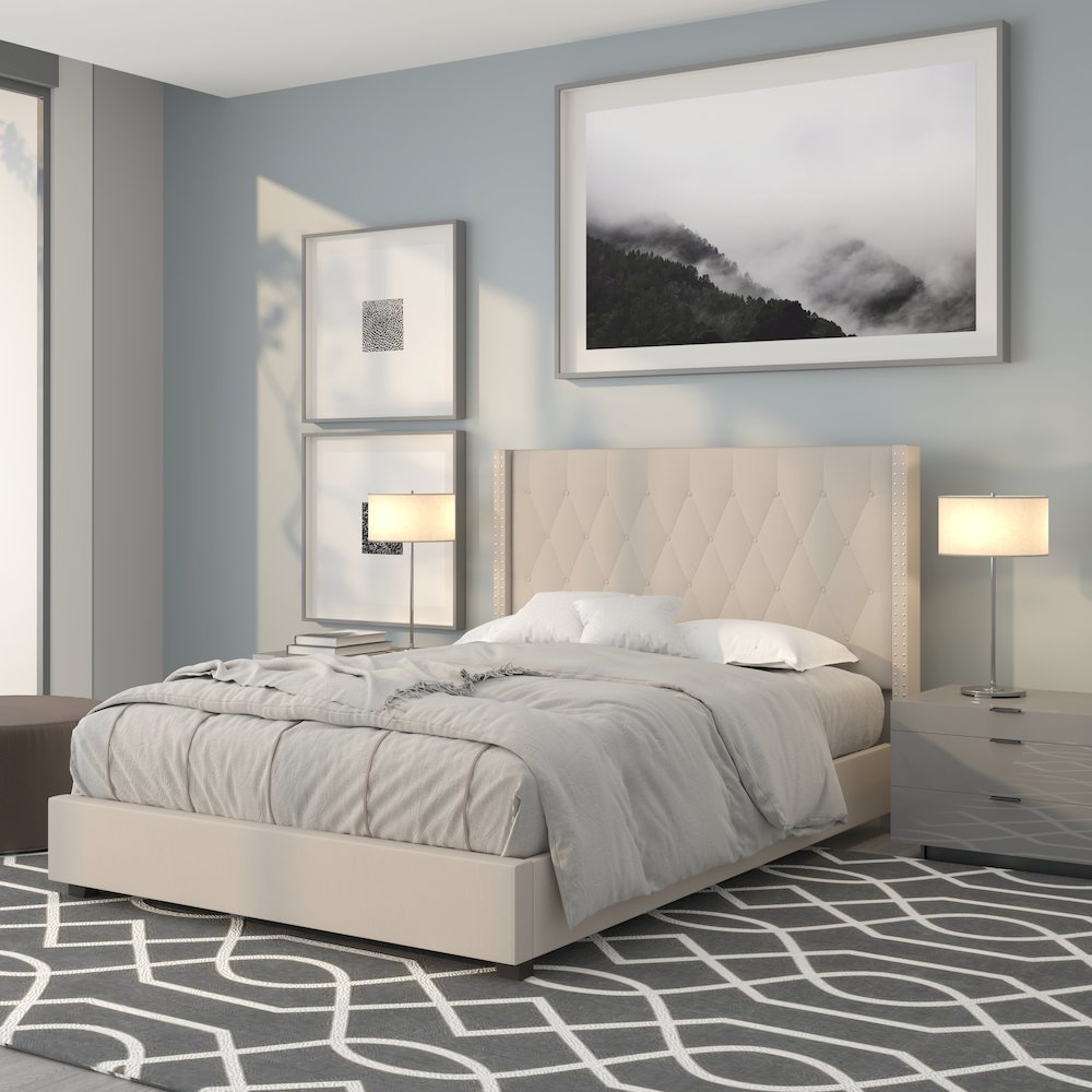 Full Size Tufted Upholstered Platform Bed in Beige Fabric. Picture 2