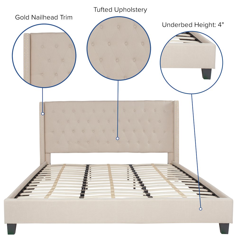 King Size Tufted Upholstered Platform Bed in Beige Fabric. Picture 4