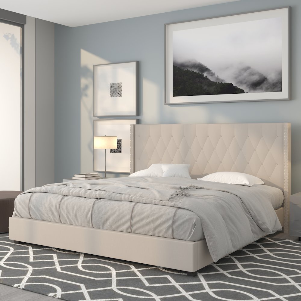 King Size Tufted Upholstered Platform Bed in Beige Fabric. Picture 2