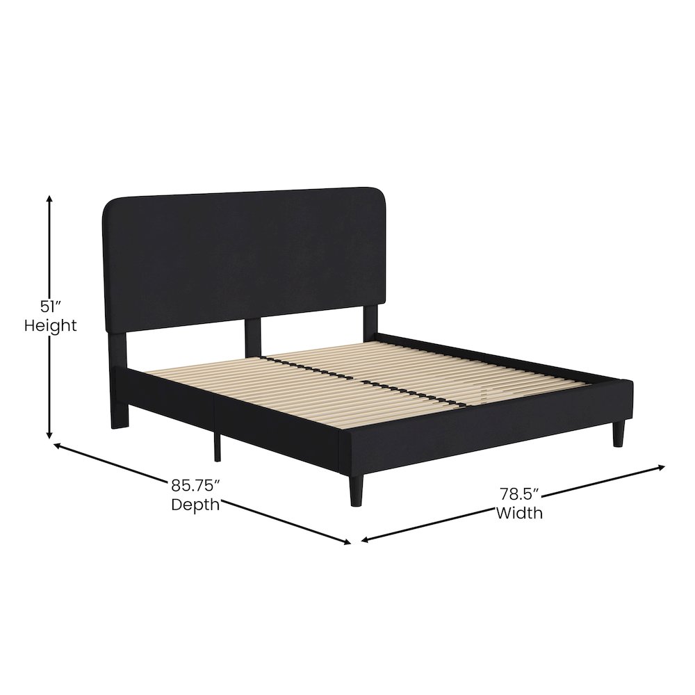 Charcoal King Fabric Upholstered Platform Bed - Headboard with Rounded Edges. Picture 5