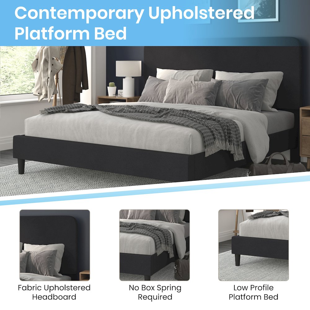 Charcoal King Fabric Upholstered Platform Bed - Headboard with Rounded Edges. Picture 4
