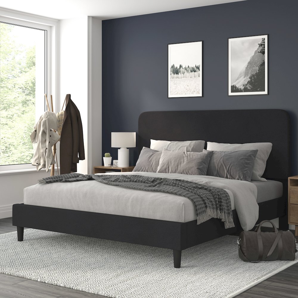 Charcoal King Fabric Upholstered Platform Bed - Headboard with Rounded Edges. Picture 2
