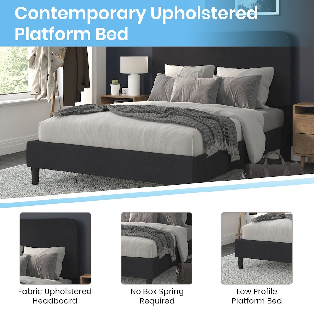 Charcoal Queen Fabric Upholstered Platform Bed - Headboard with Rounded Edges. Picture 4
