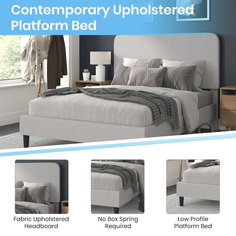 Light Grey Queen Fabric Upholstered Platform Bed - Headboard with Rounded Edges. Picture 4