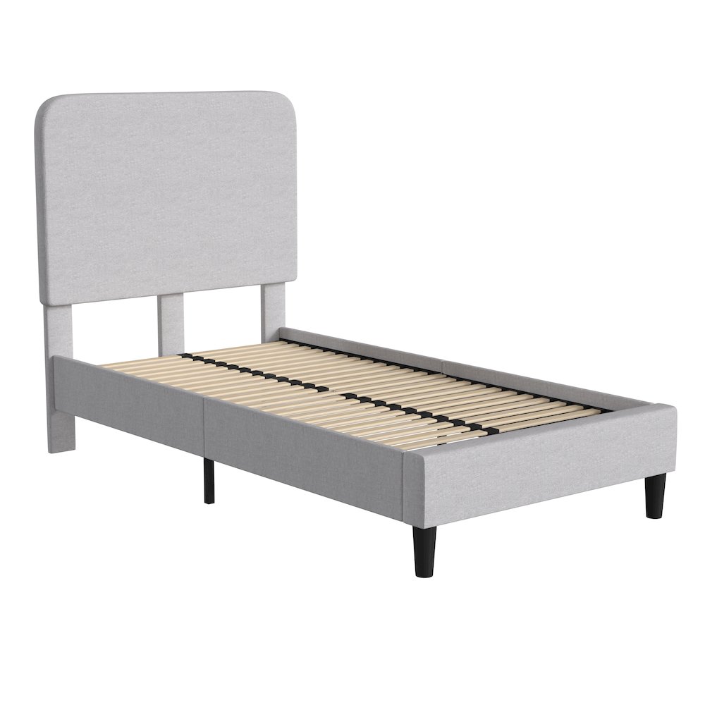 Light Grey Twin Fabric Upholstered Platform Bed - Headboard with Rounded Edges. Picture 1