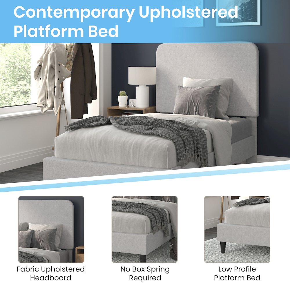 Light Grey Twin Fabric Upholstered Platform Bed - Headboard with Rounded Edges. Picture 4