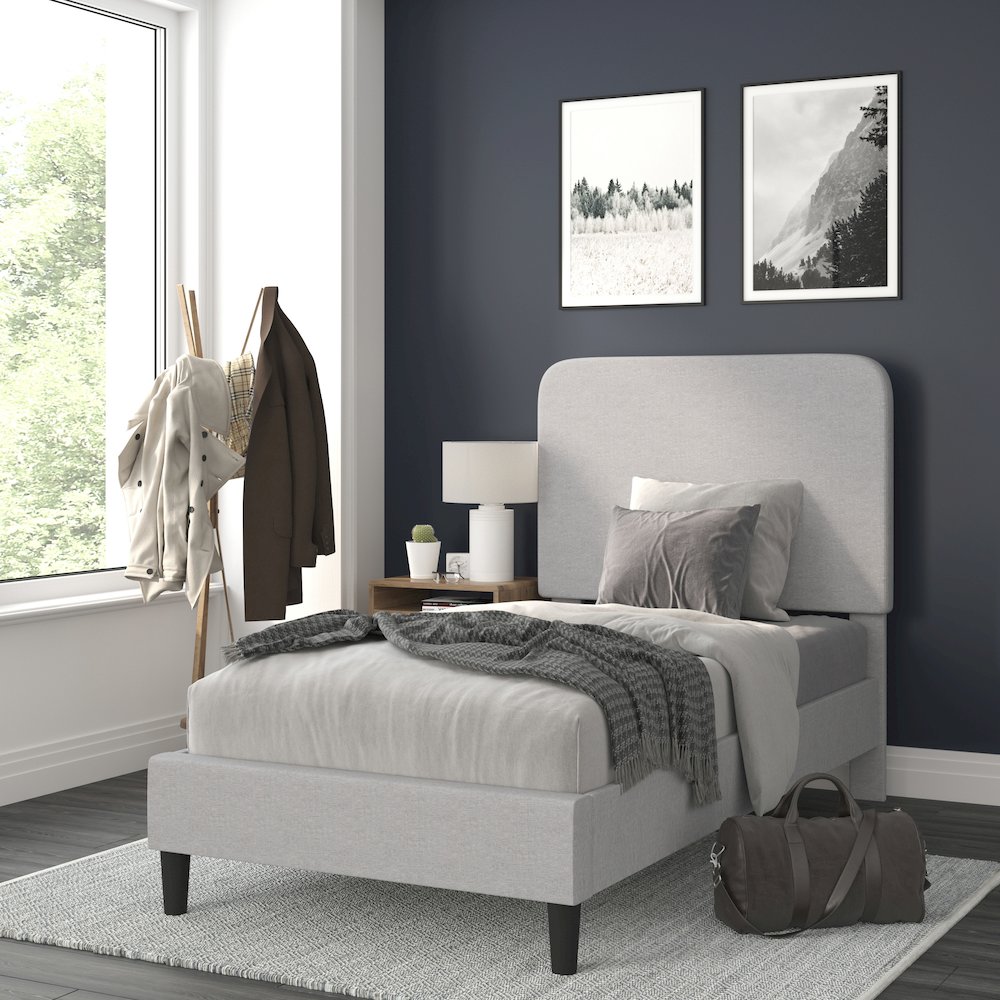 Light Grey Twin Fabric Upholstered Platform Bed - Headboard with Rounded Edges. Picture 2