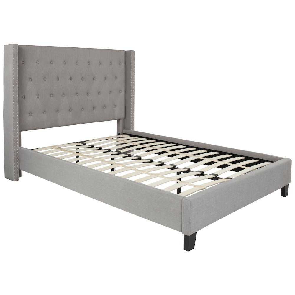 Full Size Tufted Upholstered Platform Bed in Light Gray Fabric. Picture 1