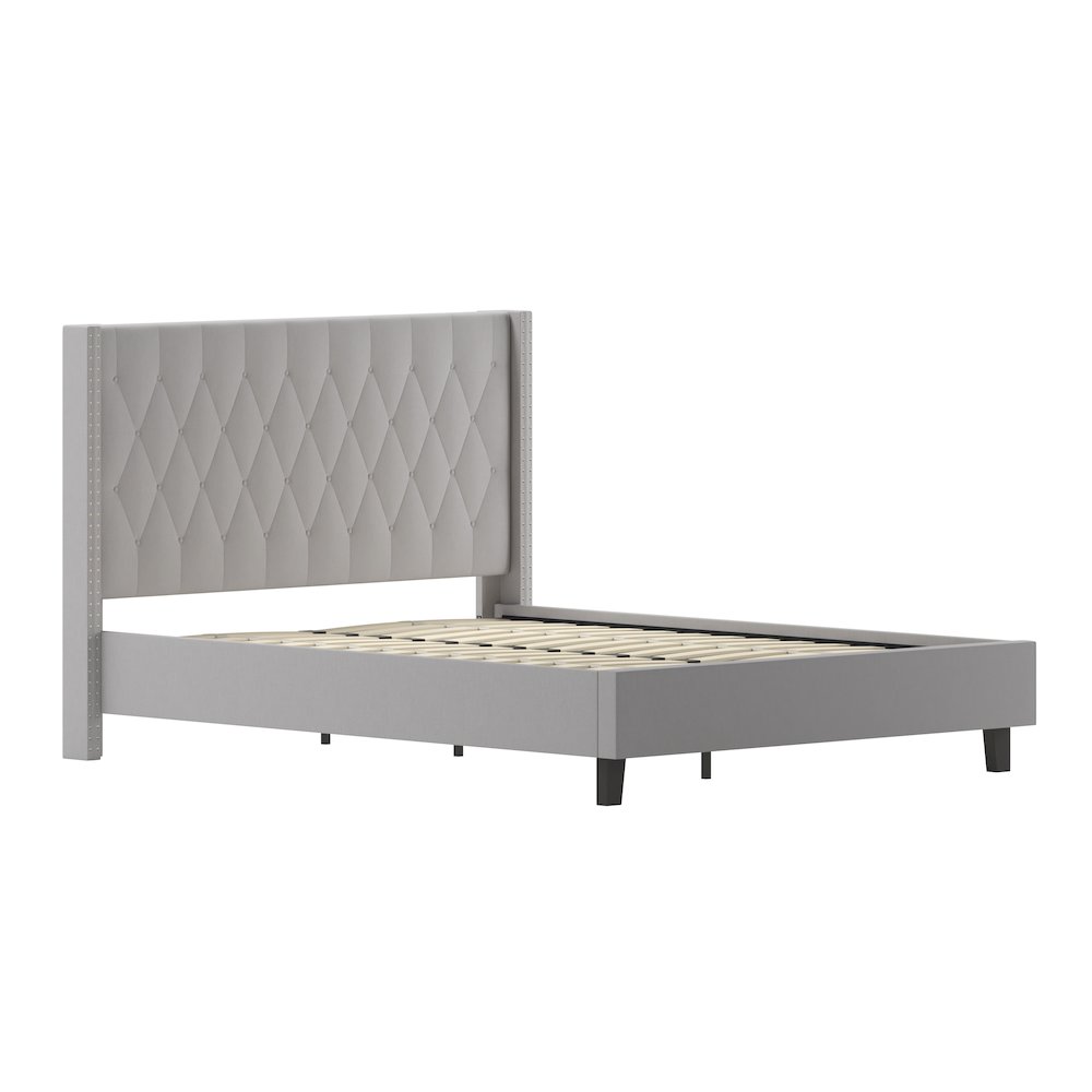 Queen Size Tufted Upholstered Platform Bed in Light Gray Fabric. Picture 1