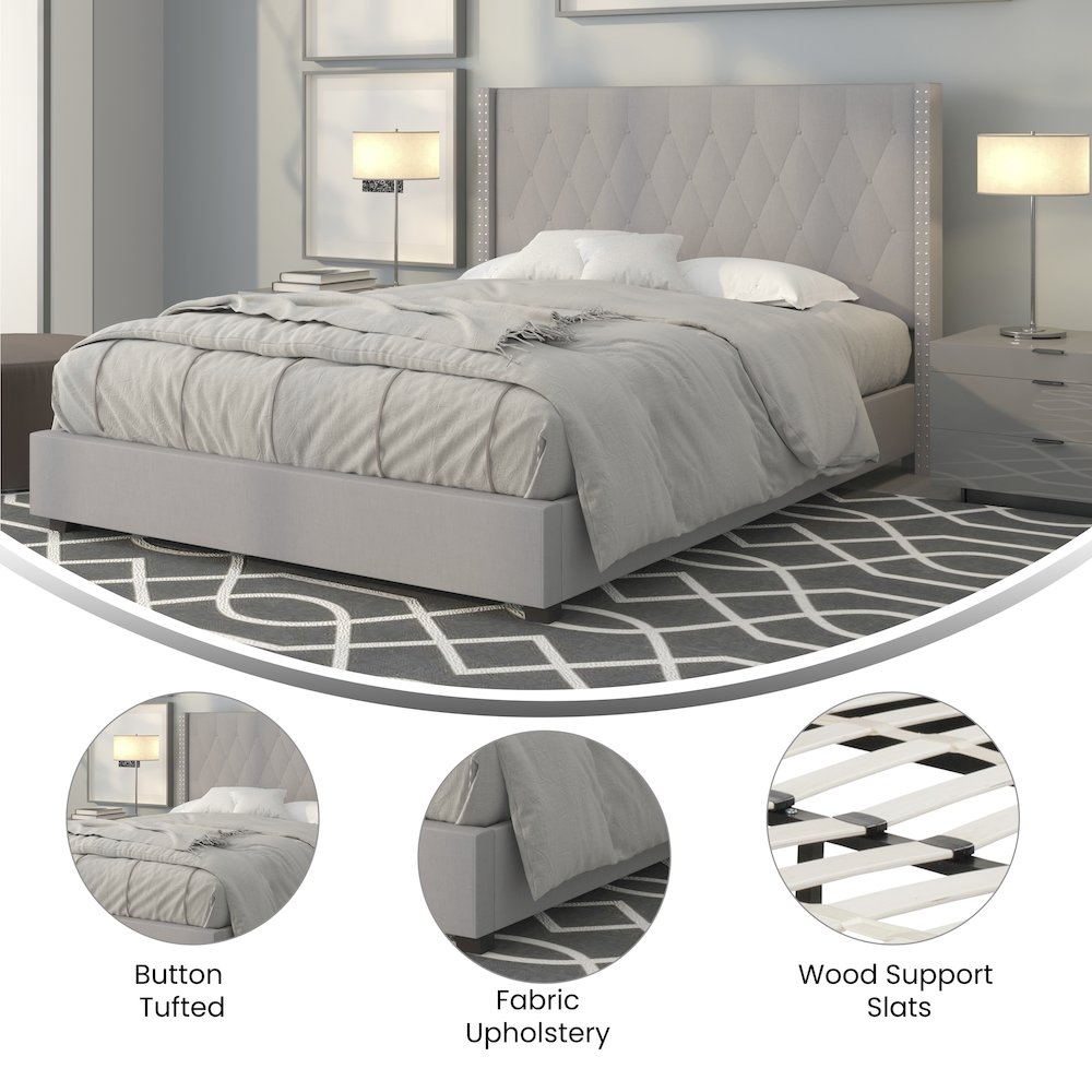 Queen Size Tufted Upholstered Platform Bed in Light Gray Fabric. Picture 4