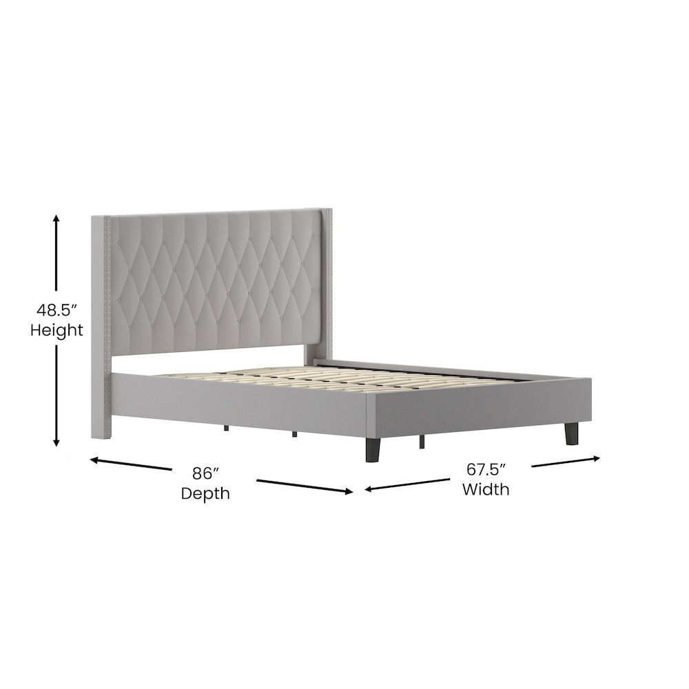 Queen Size Tufted Upholstered Platform Bed in Light Gray Fabric. Picture 5