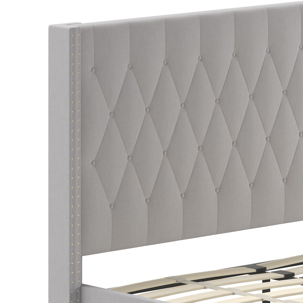 Queen Size Tufted Upholstered Platform Bed in Light Gray Fabric. Picture 7