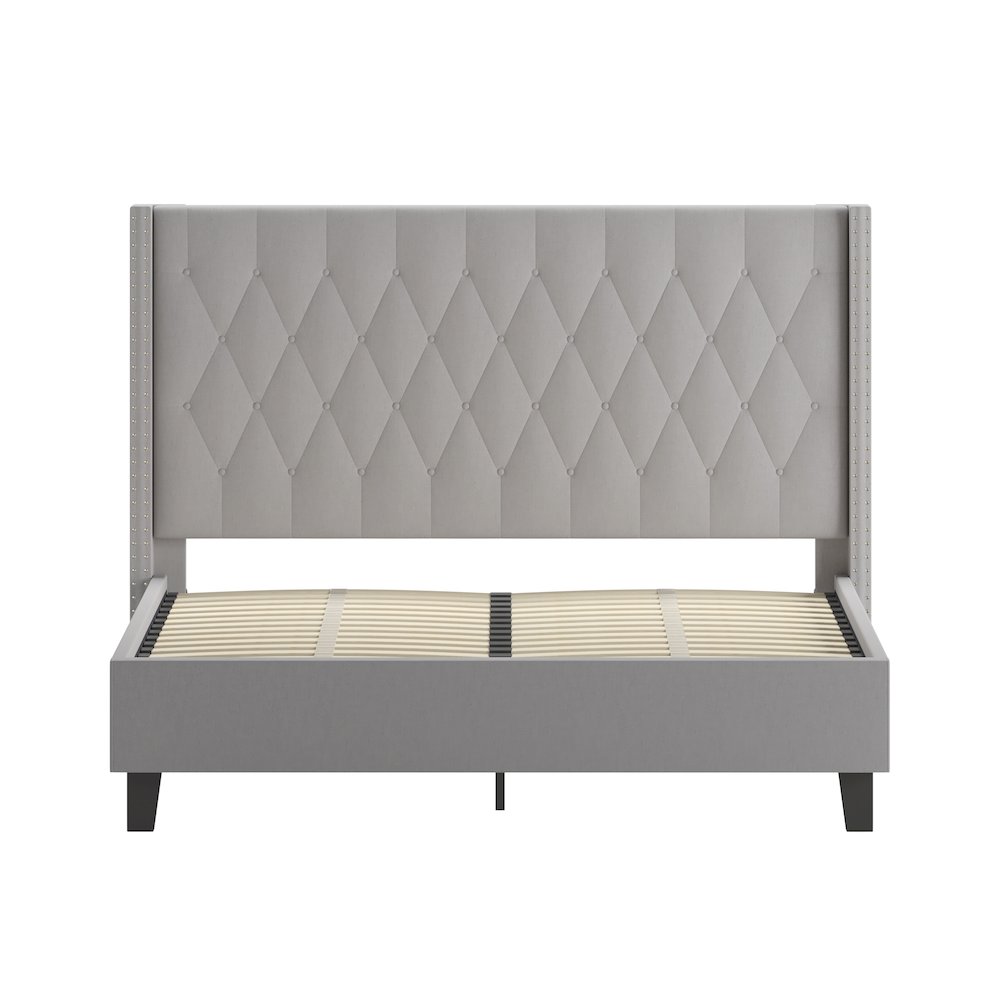 Queen Size Tufted Upholstered Platform Bed in Light Gray Fabric. Picture 9