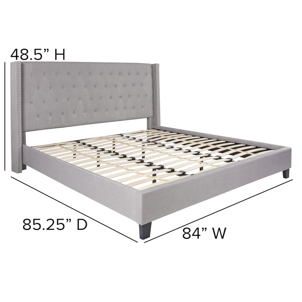 King Size Tufted Upholstered Platform Bed in Light Gray Fabric. Picture 5