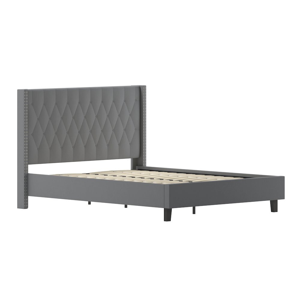 Queen Size Tufted Upholstered Platform Bed in Dark Gray Fabric. Picture 1