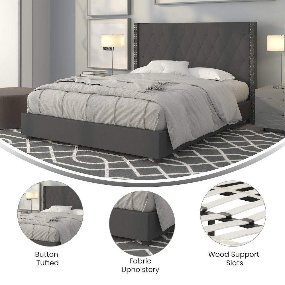 Queen Size Tufted Upholstered Platform Bed in Dark Gray Fabric. Picture 4