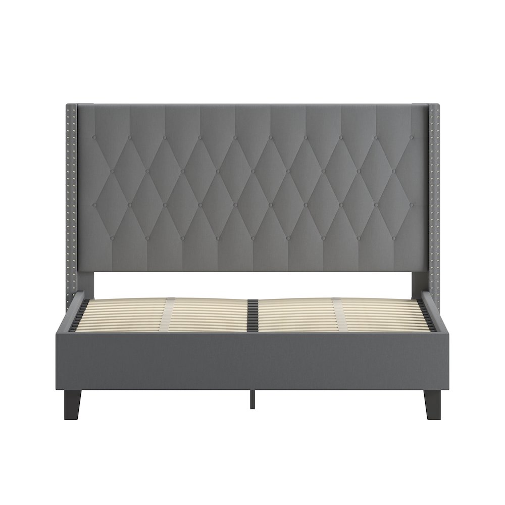 Queen Size Tufted Upholstered Platform Bed in Dark Gray Fabric. Picture 9