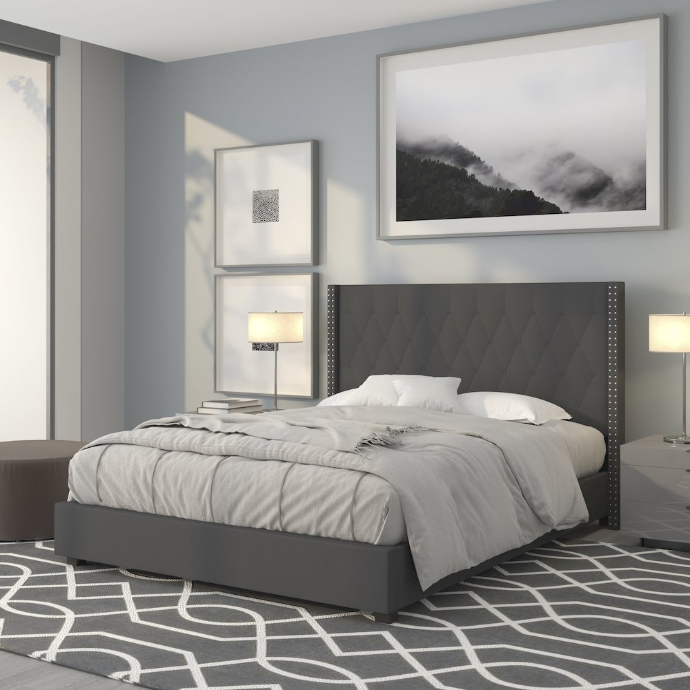 Queen Size Tufted Upholstered Platform Bed in Dark Gray Fabric. Picture 2