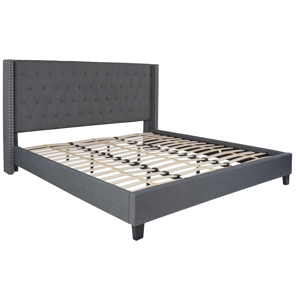 King Size Tufted Upholstered Platform Bed in Dark Gray Fabric. Picture 1