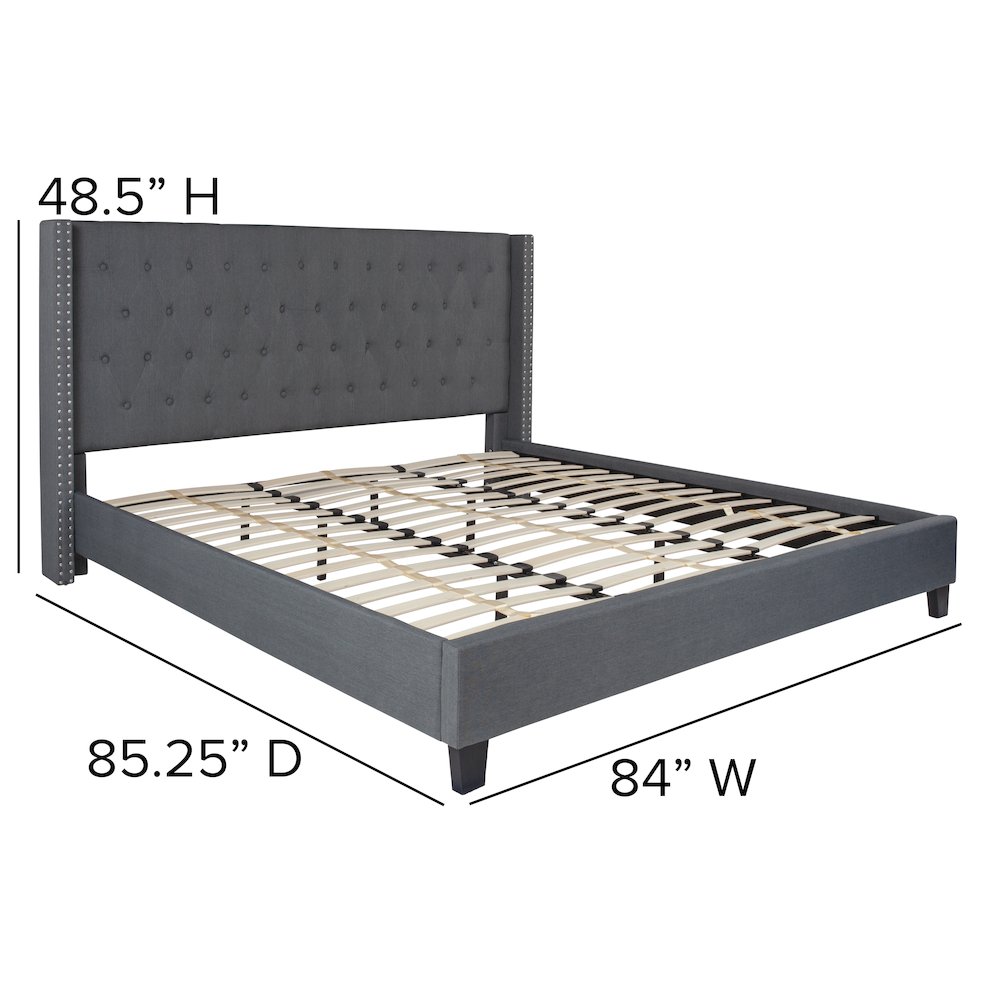 King Size Tufted Upholstered Platform Bed in Dark Gray Fabric. Picture 4