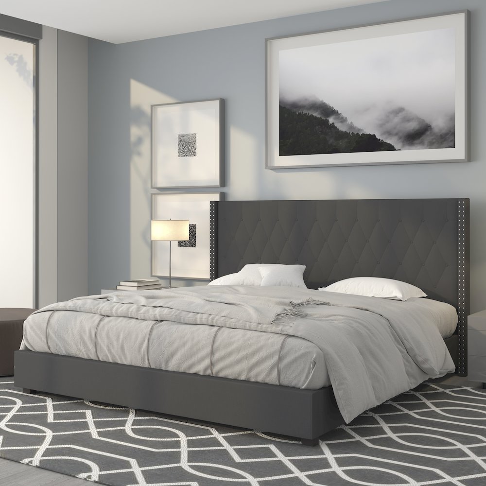 King Size Tufted Upholstered Platform Bed in Dark Gray Fabric. Picture 2