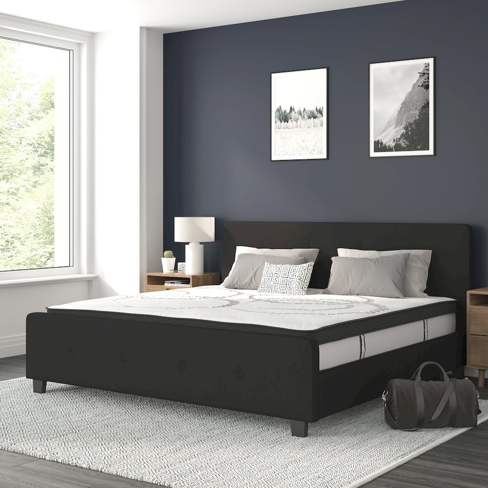 King Size Tufted Upholstered Platform Bed in Black Fabric. Picture 2
