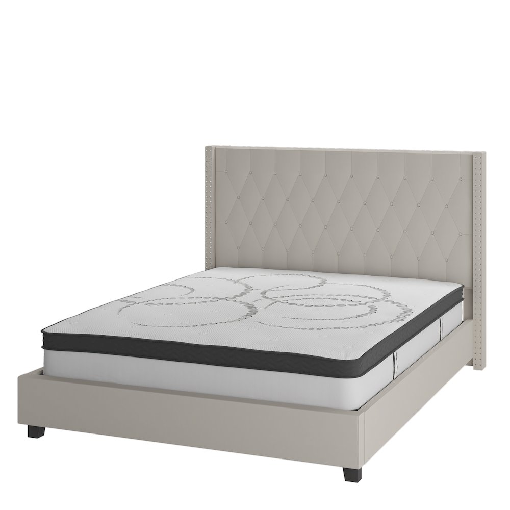 Full Size Tufted Upholstered Platform Bed in Beige Fabric. Picture 1