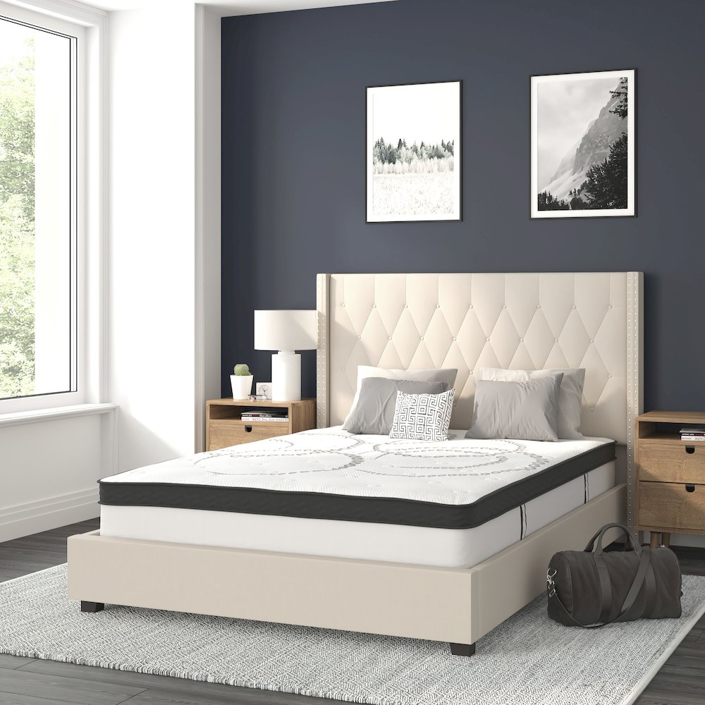 Full Size Tufted Upholstered Platform Bed in Beige Fabric. Picture 2