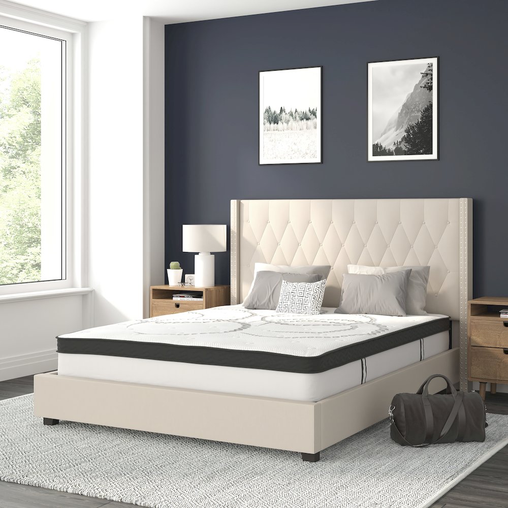 Queen Size Tufted Upholstered Platform Bed in Beige Fabric. Picture 2