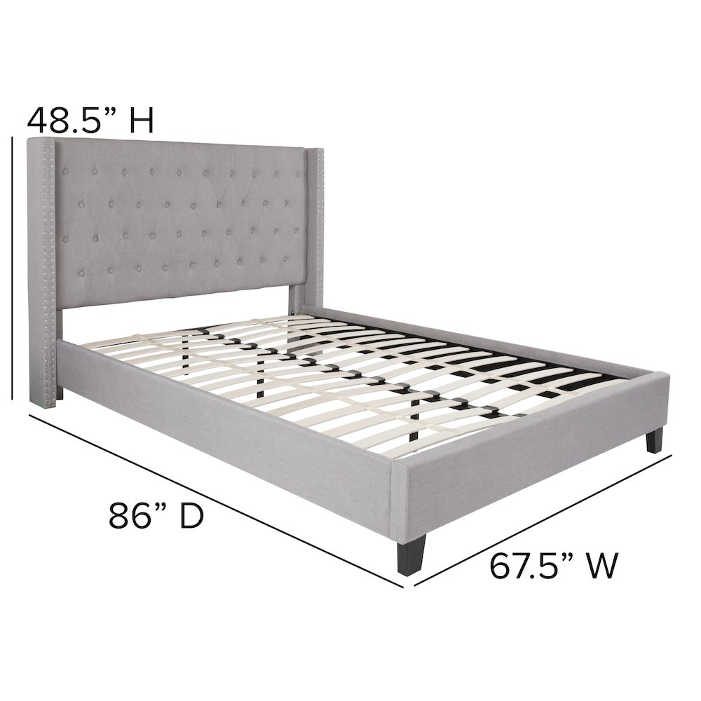 Queen Size Tufted Upholstered Platform Bed in Light Gray Fabric. Picture 5