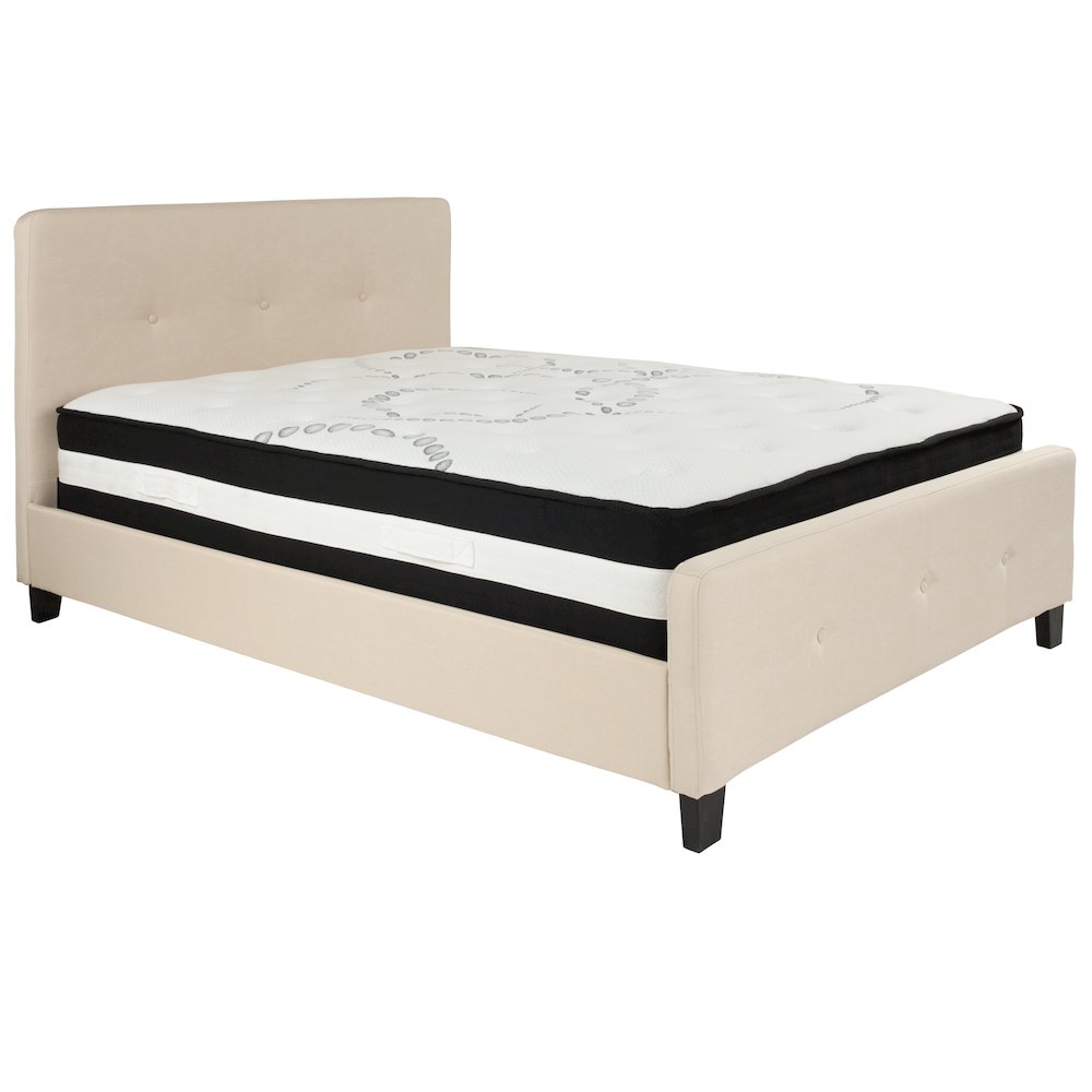 Full Size Platform Bed in Beige Fabric with Pocket Spring Mattress. Picture 1