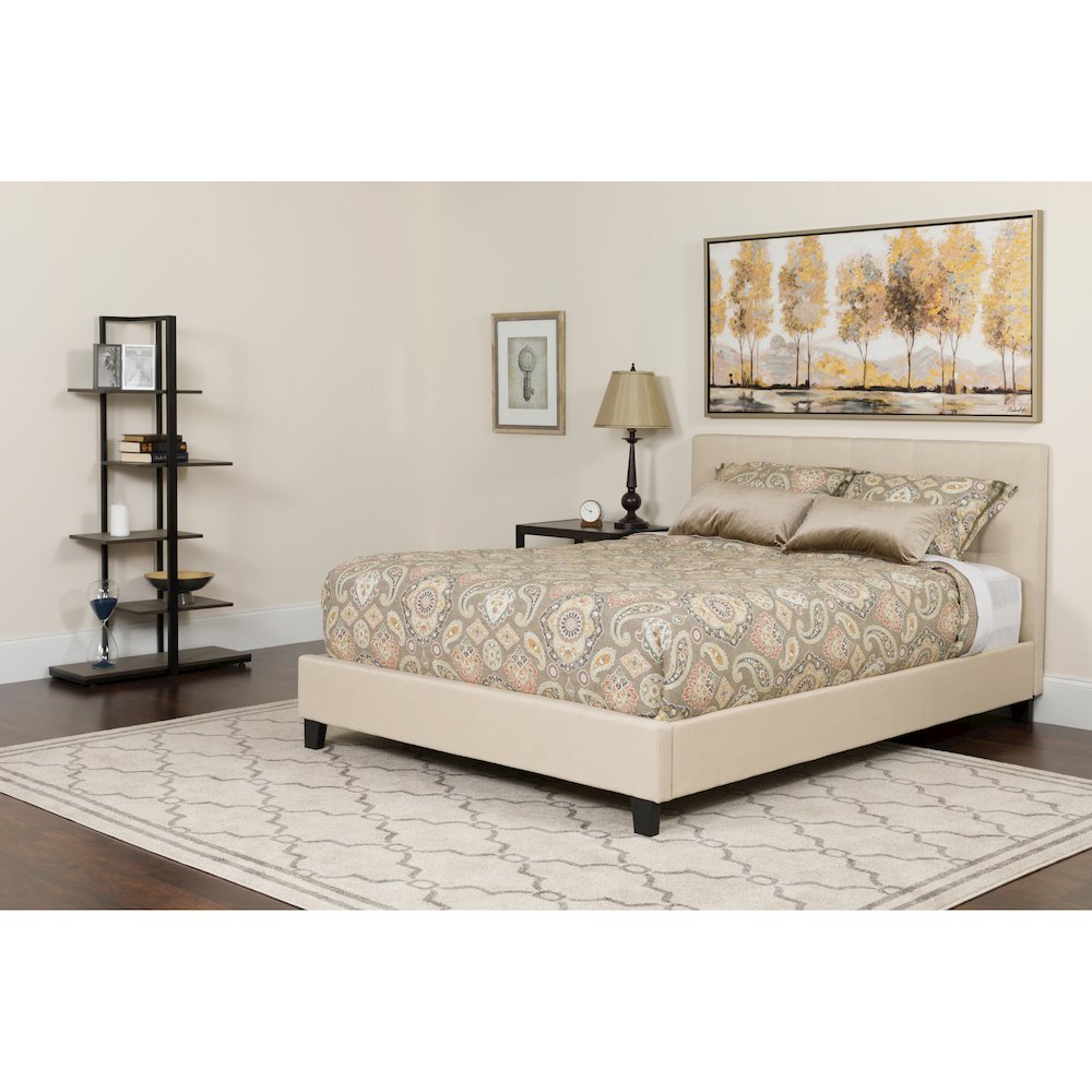 Full Size Platform Bed in Beige Fabric with Pocket Spring Mattress. Picture 2
