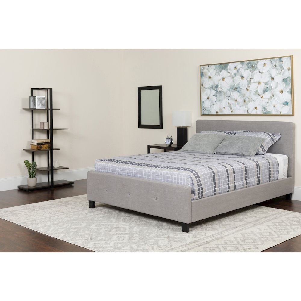 Queen Size Platform Bed in Light Gray Fabric with Pocket Spring Mattress. Picture 2