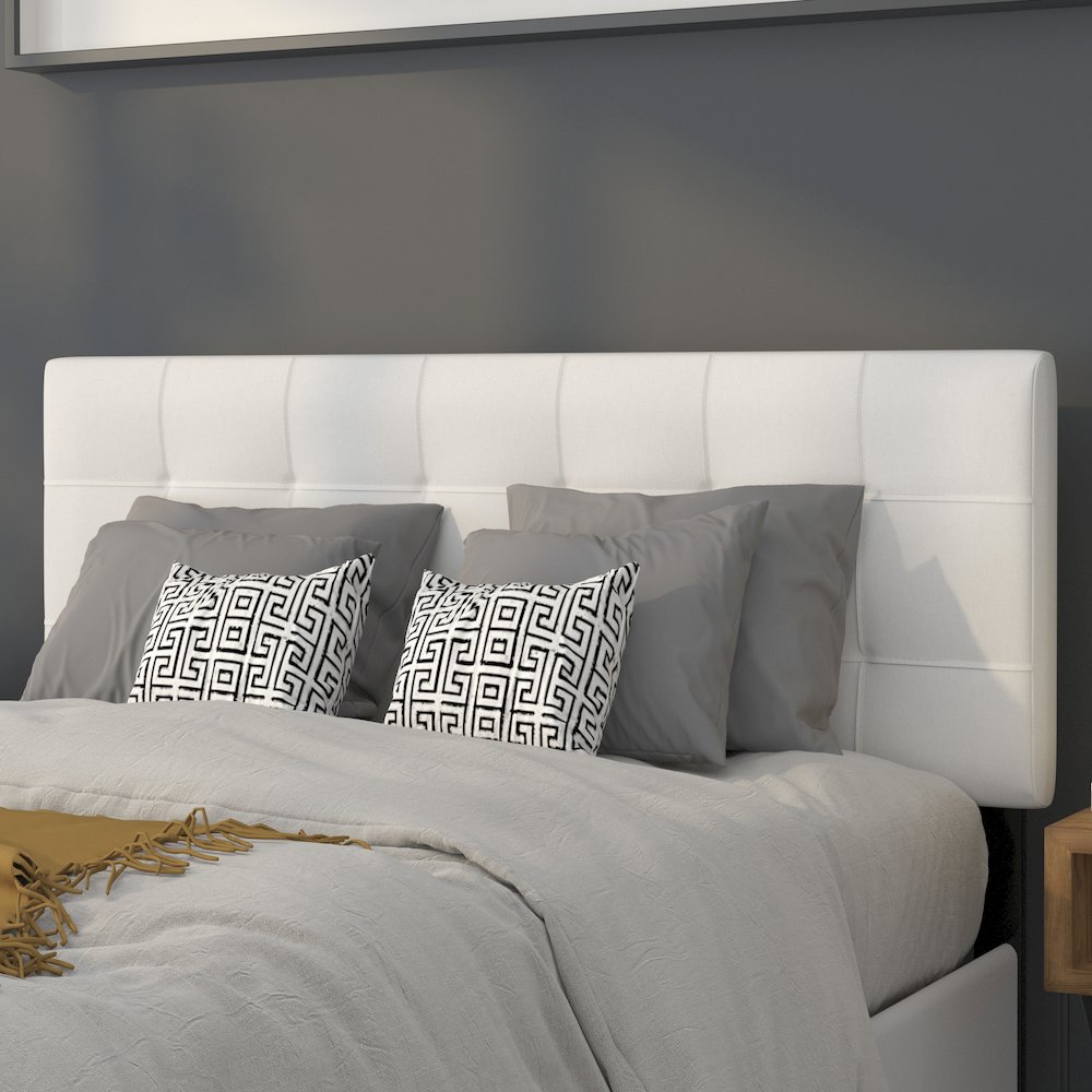 Quilted Tufted Upholstered Full Size Headboard in White Fabric. Picture 4