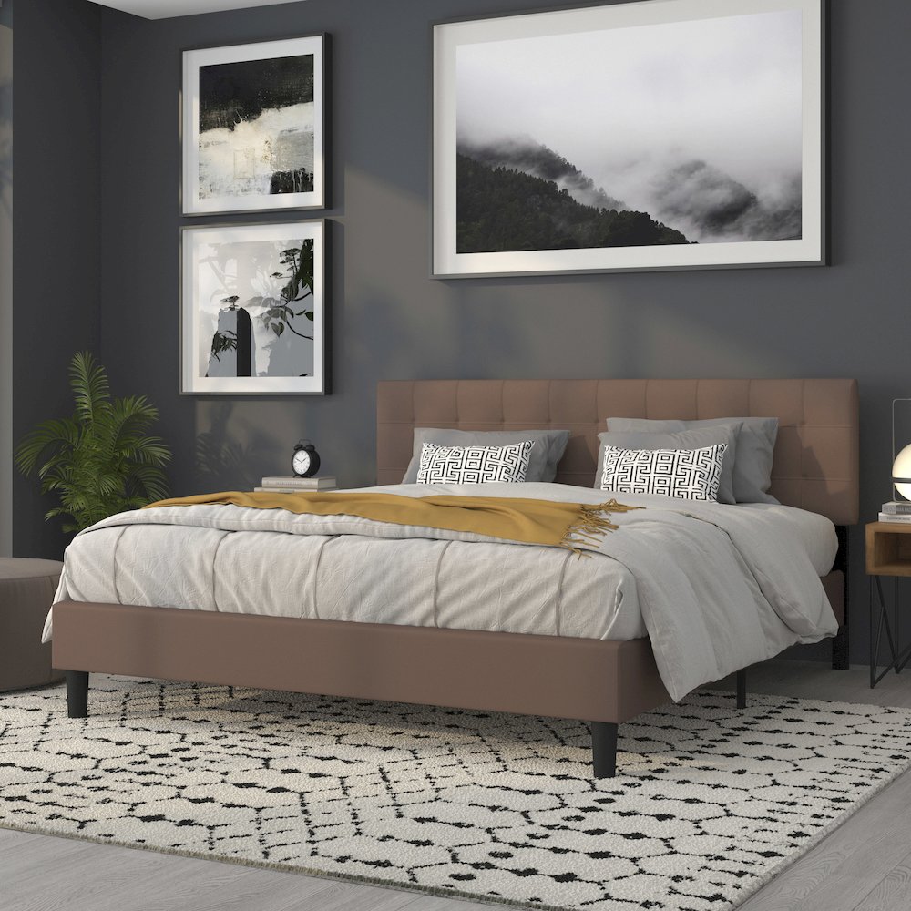 Tufted Upholstered King Size Headboard in Camel Fabric. Picture 6