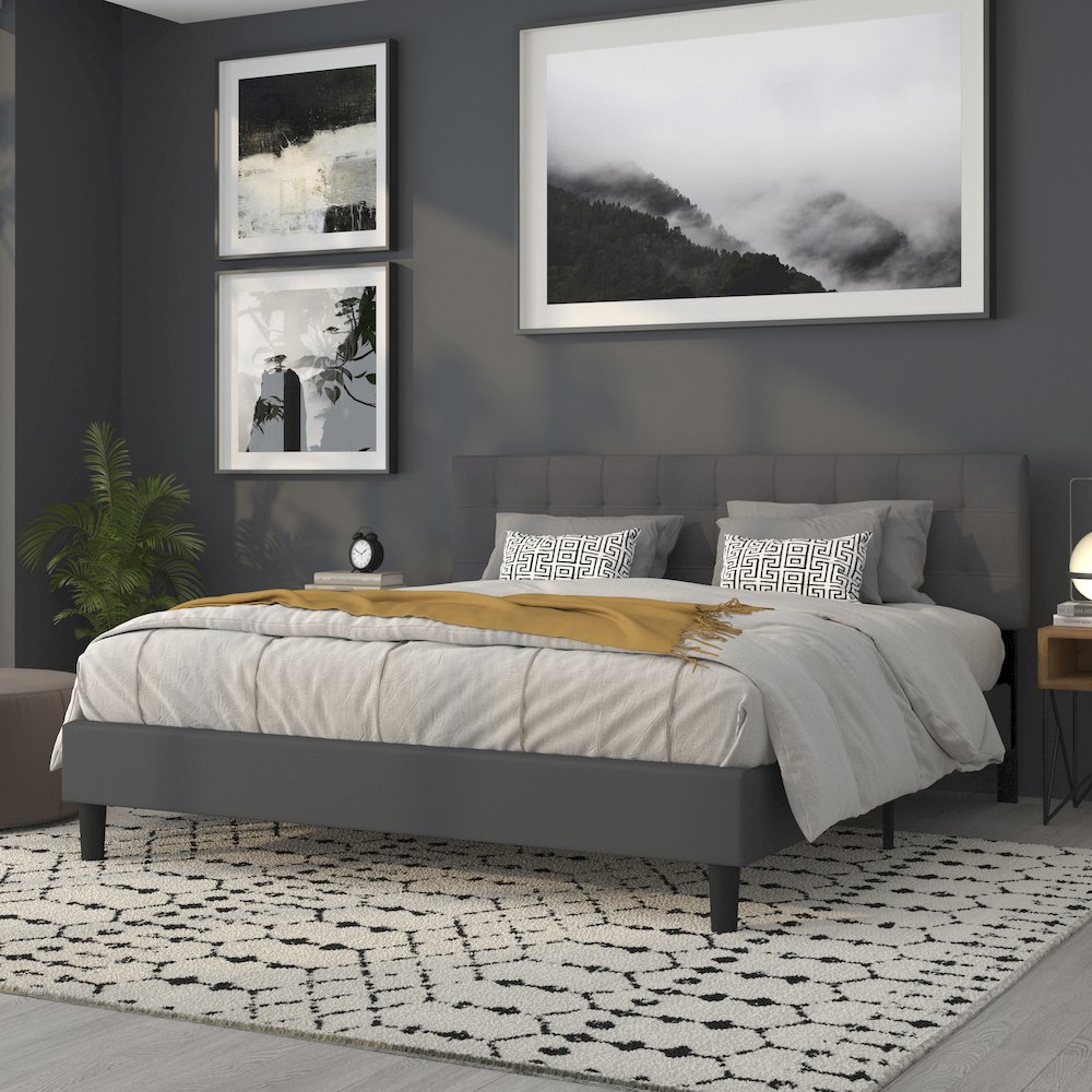 Tufted Upholstered King Size Headboard in Dark Gray Fabric. Picture 7