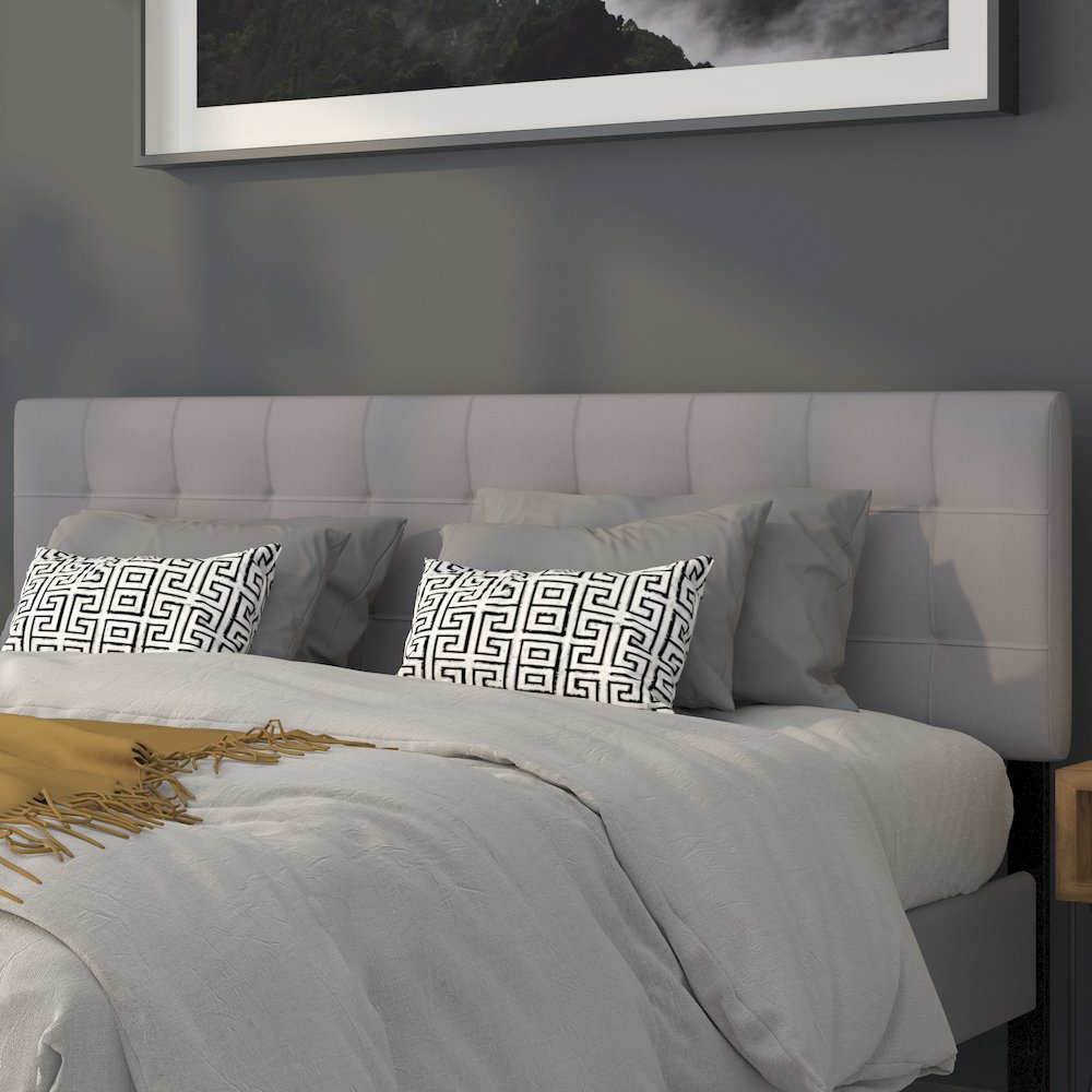 Quilted Tufted Upholstered King Size Headboard in Light Gray Fabric. Picture 3