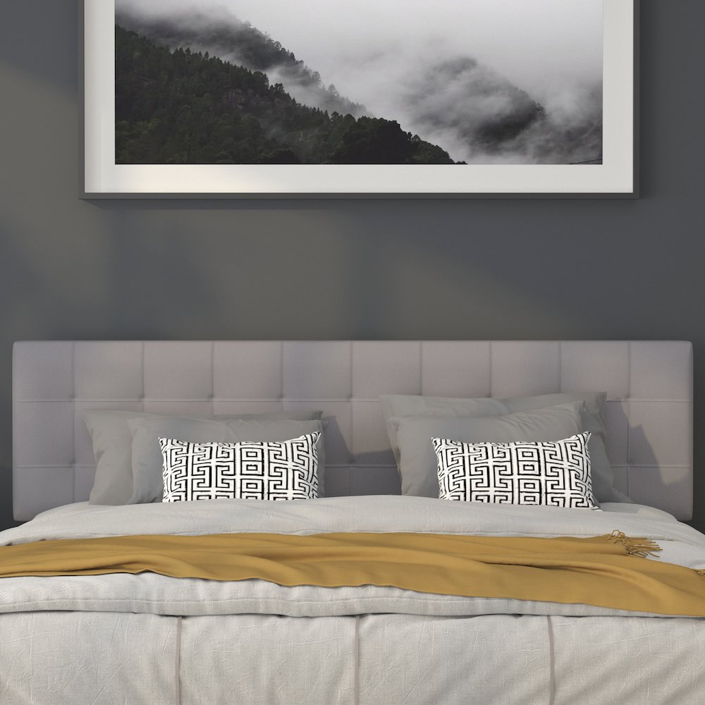 Tufted Upholstered King Size Headboard in Light Gray Fabric. Picture 6
